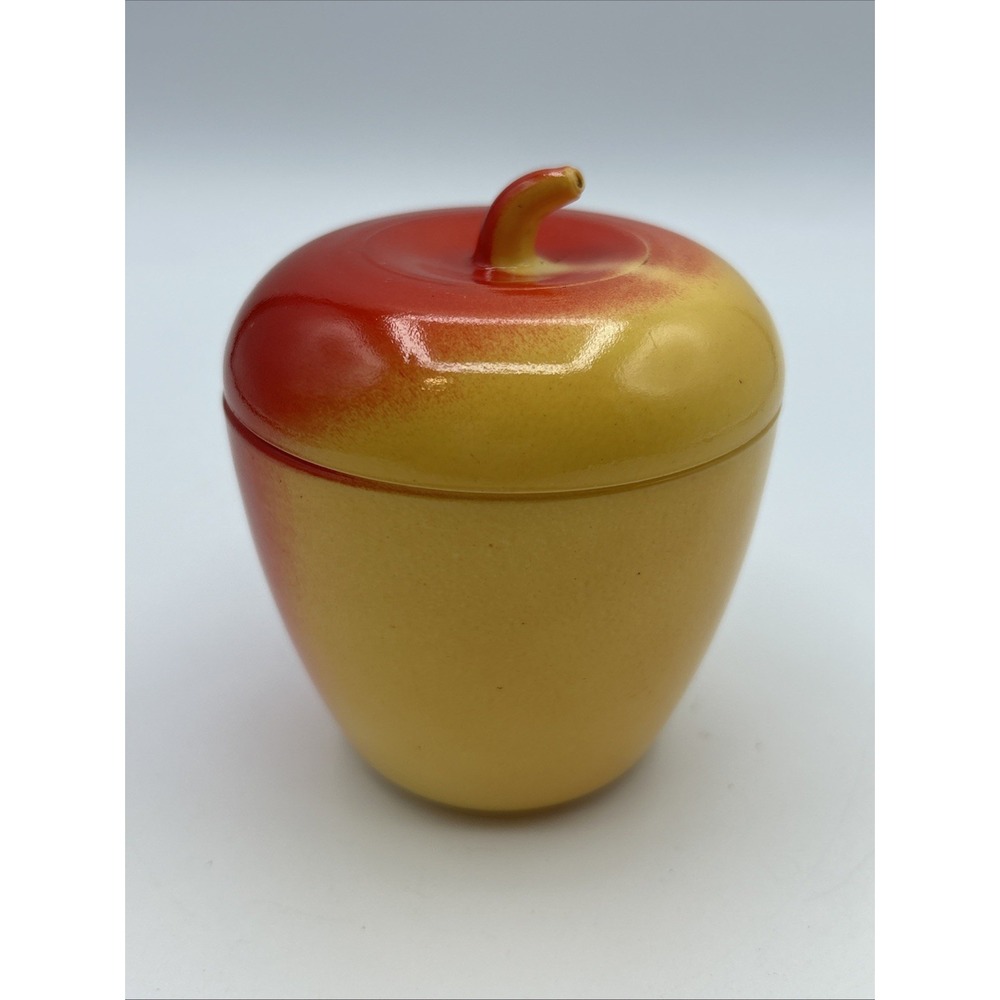 Hazel-Atlas Milk Glass Apple Lidded Canister Candy Dish Yellow Red Vintage 4in